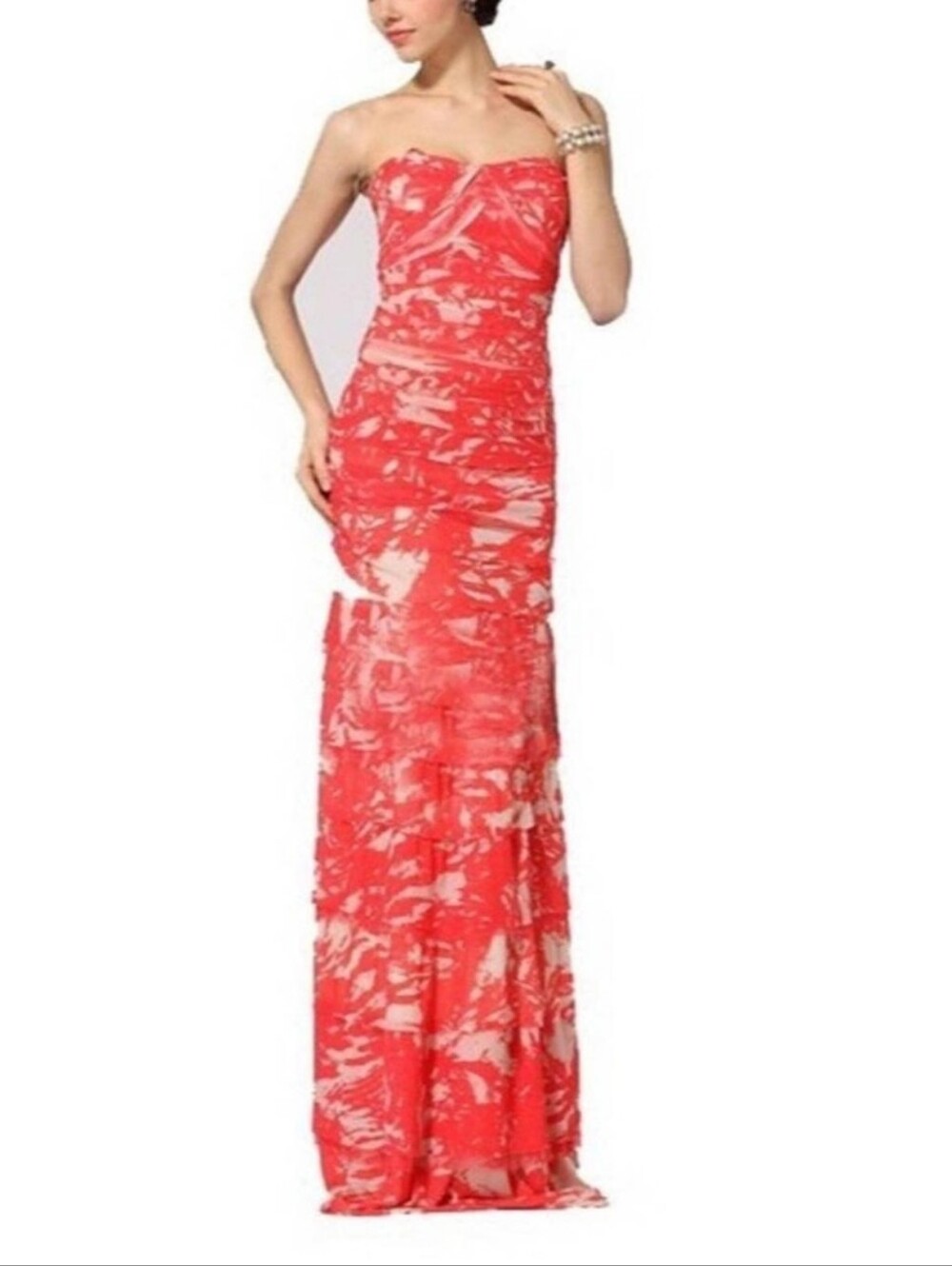 BCBGMaxAzria Women's Erika Tiered Gown Coral Pink Mesh Stretch Strapless Sz 8
